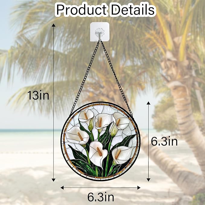 Stained Glass Window Hanging, White Calla Lily Flowers Sun Catchers Glass Panel Plant Suncatcher Decor for Birthday for Women, Men, Wife, Aunt, and Mom 6.3 in