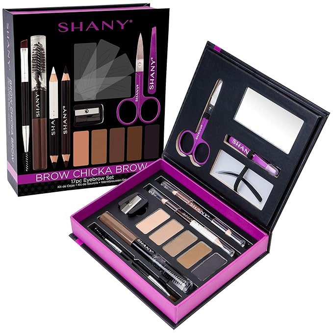 SHANY Brow Chicka Brow Eyebrow Set - 17 Piece Eyebrow Makeup Kit with Brow Powder, Brow Gel, Dual Ended Pencils, Stencils, Scissors, and Tweezers - All Hair Colors