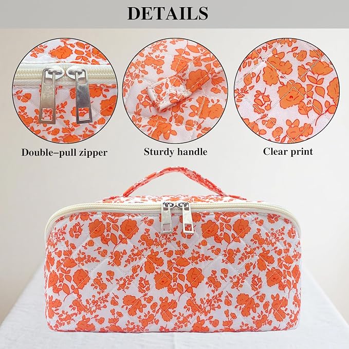 Orange Large Quilted Floral Makeup Bag Cute Coquette Aesthetic Cosmetic Bag Open Flat Travel Toiletry Make up Bag for Women