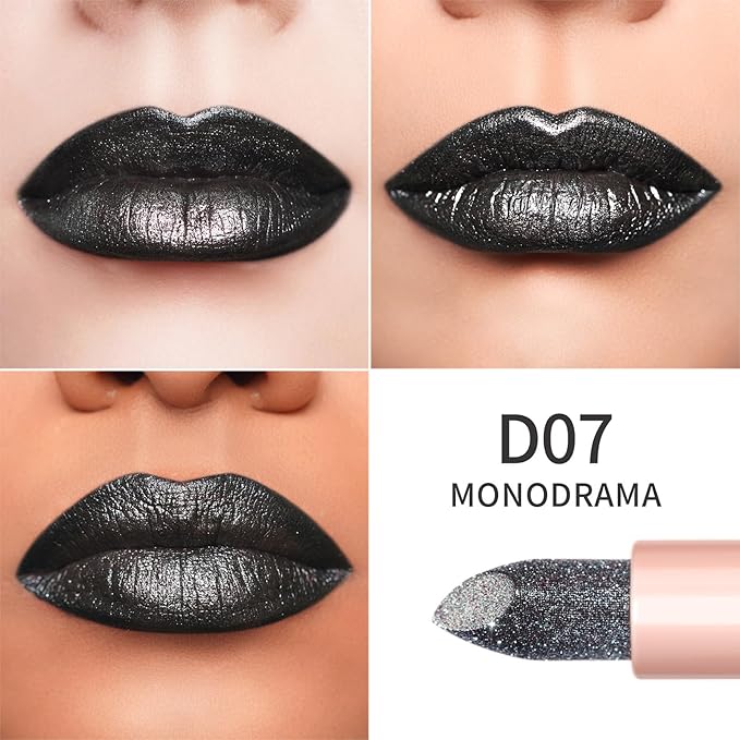 Oulac Moisture Black Lipstick - High Shine Shimmery Finish, Super Creamy Texture, Medium to High Coverage - Gluten Free, D07 Monodrama