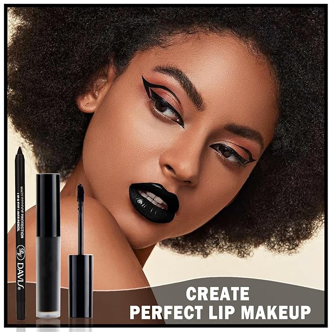 Black Matte Lipstick and Lip Liner Pencil Set Black Liquid Lipstick Lip Gloss Set Smudge Proof Long-lasting, Suitable for Halloween Goth Cosplay Makeup Lip Makeup