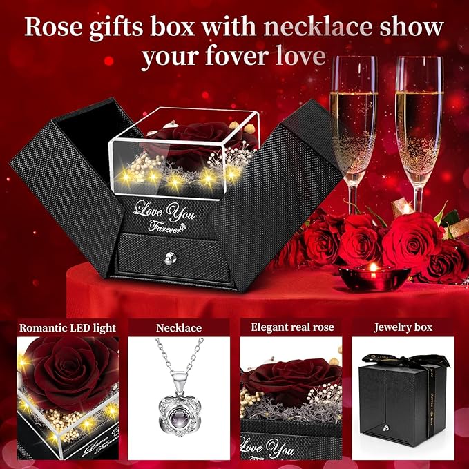 Preserved Wine Red Real Rose with Heart I Love You Necklace -Eternal Flowers Rose Birthday Gifts for Women Her Mom Wife Girlfriend Grandma on Valentines Mothers Day Christmas Anniversary Romantic