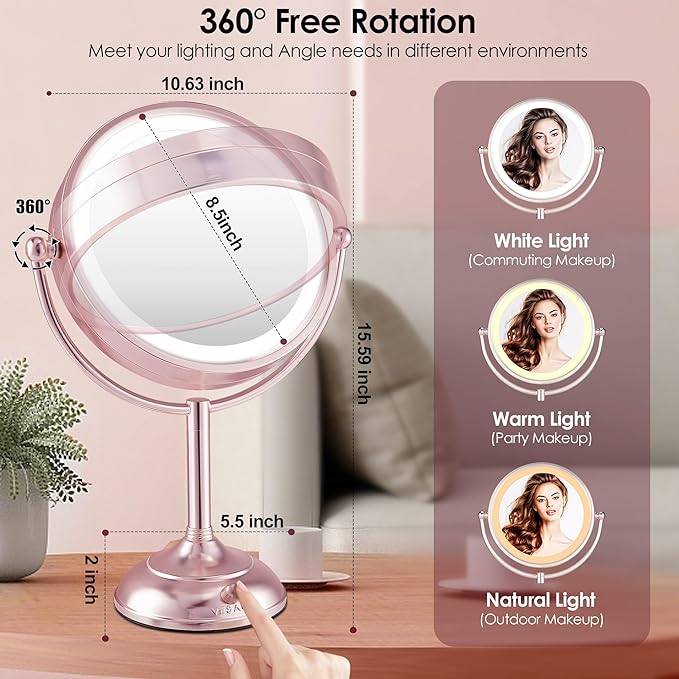 VESAUR Lighted Makeup Mirror Rose Gold Nickel, Double Sided 1X/10X HD Undistorted Magnifying Mirror, 8.5" Vanity Mirror with 3 Colors Dimmable 90 Bright LEDs, 360°Swivel Two Power Supply, Luxury Gifts