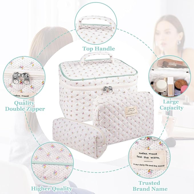 Quilted Makeup Bag, Large Floral Cosmetic Bag for Women, Cute Cotton Makeup Bag, Flower Travel Toiletry Organizer Bag (Flower)