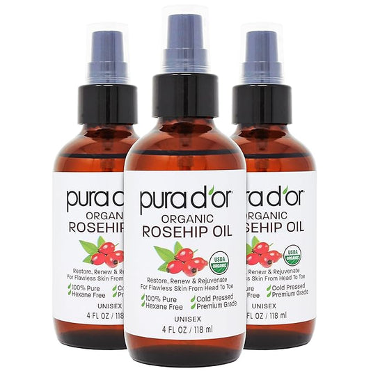 PURA D'OR ORGANIC Rosehip Seed Oil Hair Relaxer (4 Oz x3 = 12 Oz) 100% Pure Cold Pressed USDA Certified All Natural Anti-Aging, Scar Treatment, Gua Sha Massage, Face, Hair & Skin - Women & Men