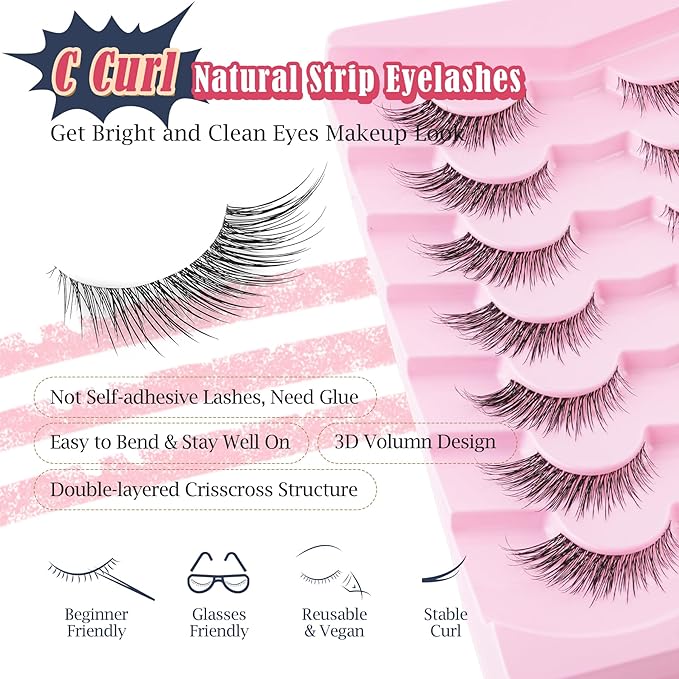 Lashes Cat Eye 16MM Foxy Eyelashes Wispy Lash Strips C Curl Natural Lashes Fake Eyelashes with 0.03MM Ultra Thin Band Siligli Fox Eyelash, 7 Pair