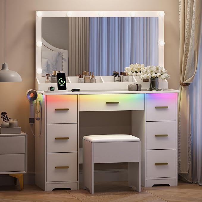 Makeup Vanity with Large Lighted Mirror and Chair, 7 Drawers Vanity Makeup Desk Table with Power Strip, Adjustable Lighting, and Cushioned Storage Stool for Women, Girls