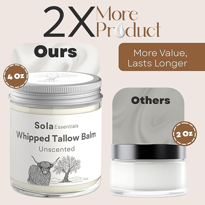Grass Fed Whipped Beef Tallow for Skin - Whipped Tallow Balm with Mango Butter and Olive Oil - Natural Moisturizer, Suitable for all Skin Types, Smooth Texture, 4 oz Jar, Made in USA (4oz, Unscented)