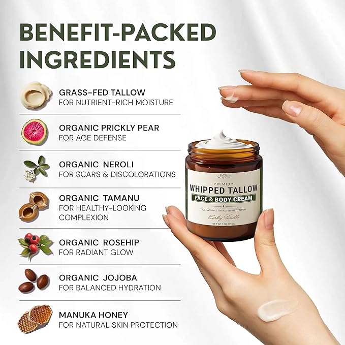 Beef Tallow for Skin Care - 100% Grass Fed Grass Finished - with Organic Jojoba, Prickly Pear, Rosehip, Tamanu Oils, Neroli, Vanilla & Manuka Honey - 3oz