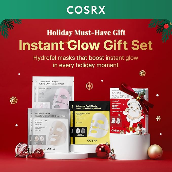 COSRX Glow-Boosting Face Mask Limited Holiday Gift Set 6ea, Snail Mucin, 6 Peptides & Alpha-arbutin for Glass skin, Collagen Face Mask, Korean Skin Care Set, Stocking stuffers, Amazon Exclusive