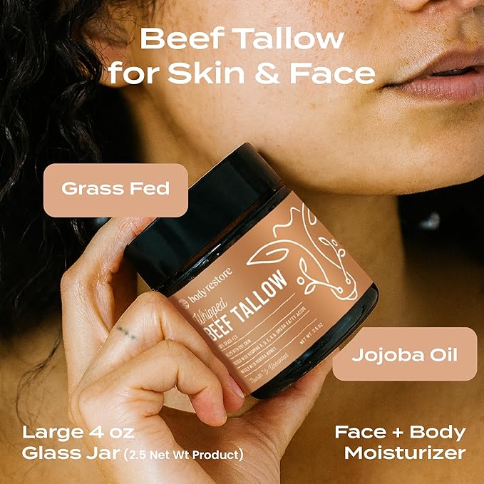 Body Restore Grass Fed Whipped Beef Tallow for Dry Skin, Face - Manuka Honey, Jojoba Oil, Christmas Stocking Stuffers, White Elephant, Birthday Gifts for Women, Men, Travel Essentials - Unscented