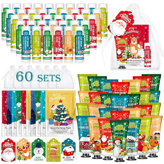 60 Pack Christmas Hand Cream, Facial Mask and Lip Balm Set, Christmas Stocking Stuffers for Women, Bulk Christmas Gifts for Coworkers, Christmas Party Supplies, Party Favors and Christmas Decorations