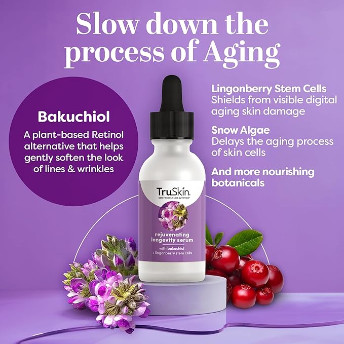 TruSkin Longevity Bakuchiol Serum – Rejuvenating Face Serum with Lingonberry Stem Cells & Snow Algae – Healthy Aging Gentle Retinol Alternative – Improves Appearance of Wrinkles, 1 fl oz