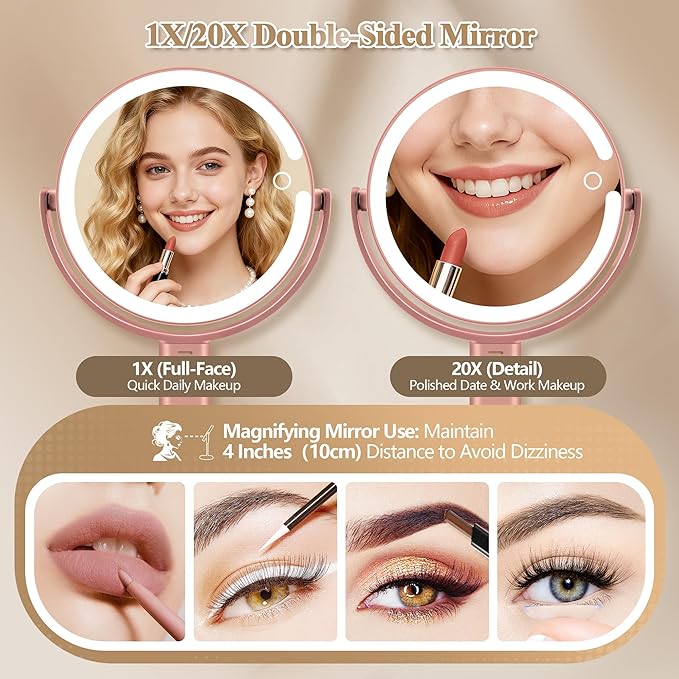 Makeup Mirror with Lights, Double Sided 1x/20x Magnifying Mirror with Light, Rechargeable 3 Color Lights Adjustable Brightness, 360° Rotation Detachable Comes with Tweezer (Rose-Gold)