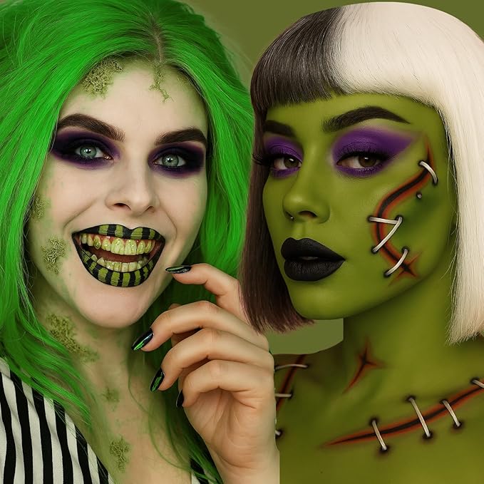 Halloween Beetle-juice Makeup & Frankenstein Makeup Kit, Face Paint SFX Character Set with Black Lipstick & Applicators for Ghost, Zombie, Grinch Special Effects Make Up, Costume Cosplay Party & Stage