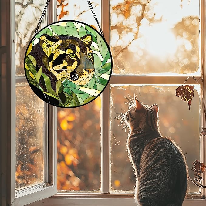Stained Glass Window Hanging 4 Pcs Set Green Plants Animals Theme 7.8" - Bird Tiger Suncatcher Door Garden Sun Catcher Decor Birthday for Mom Woman Nana Men Friend