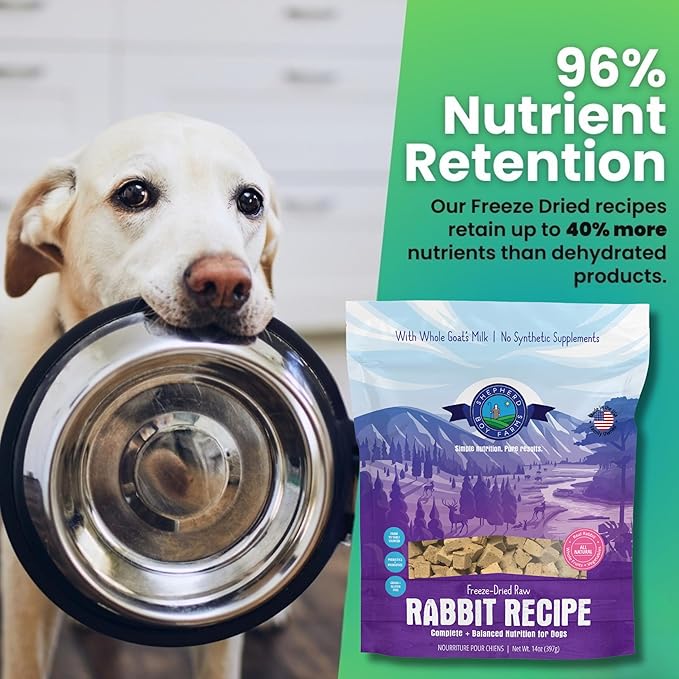 Freeze Dried Raw Dog Food, Rabbit Recipe, All Natural, No Synthetics, Made in USA with Goat's Milk & Organic Produce, High Protein, Complete Meal (14oz)