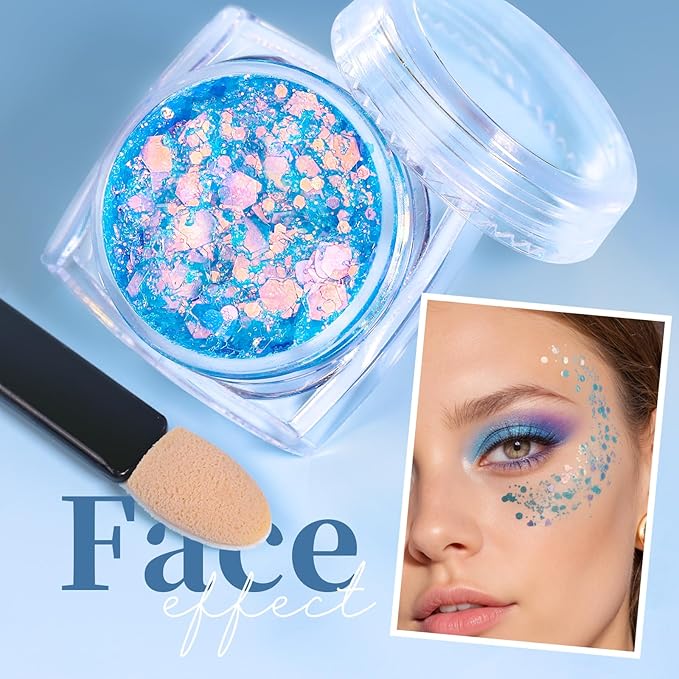 Teenitor Face & Body Glitter - Blue, Hair Glitter Gel, 6 Shapes Festival Makeup Glitter for Face, Hair & Body
