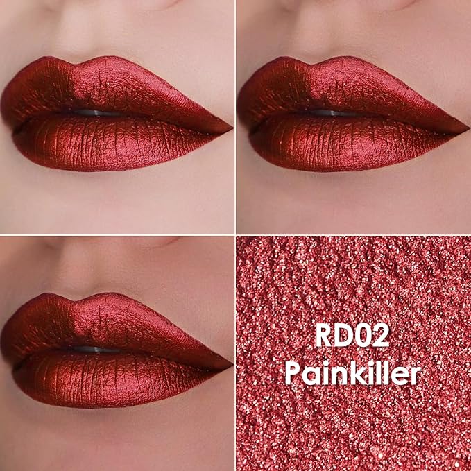 FOCALLURE Metallic Liquid Lipstick,Non Stick Cup Lip Gloss,High Impact Lip Color with Transfer-proof Wear,Long Lasting & Waterproof Lipstick Makeup for Women,RD02 Painkiller