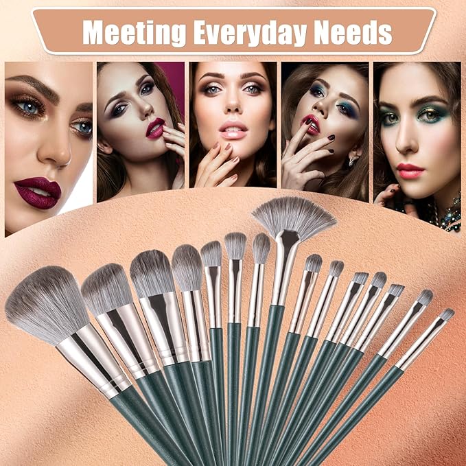 Makeup Brushes, 14 Pcs Professional Makeup Brush Set, Eye and Face Foundation Brush Set, Eyeshadow Brushes, Cosmetic Brushes with 2 Blender Sponge and PU Makeup Pail, Dark Green