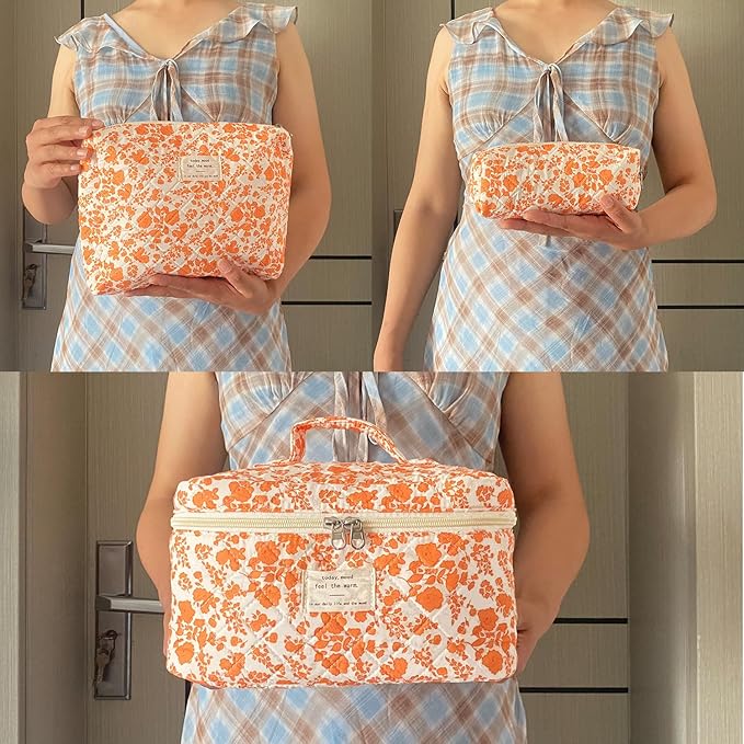 Orange Large Quilted Floral Makeup Bag Set of 3 Cute Coquette Aesthetic Cosmetic Bag Set Travel Toiletry Bag for Women
