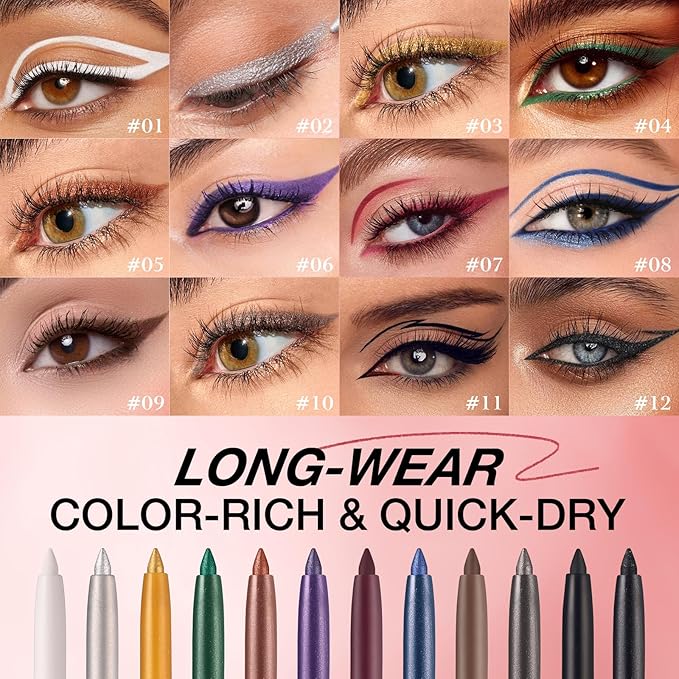 LANGMANNI 2Pcs Metal Colorful Eyeliner Pencil Set - Matte & Shimmer Eye Makeup,Smooth Use Long-Lasting & Waterproof Eyeliner Set(#01+02)