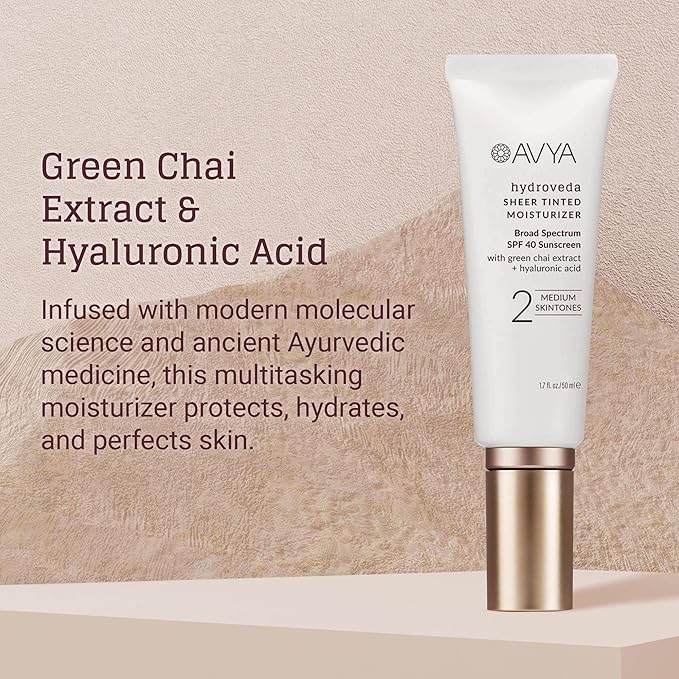 AVYA SPF 40 Sheer Tinted Moisturizer with Hyaluronic Acid & Green Chai – Advanced Ayurvedic Skincare Treatment for Balanced and Brighter Skin/Medium Skintones Shade #2 (1.7oz/50ml)