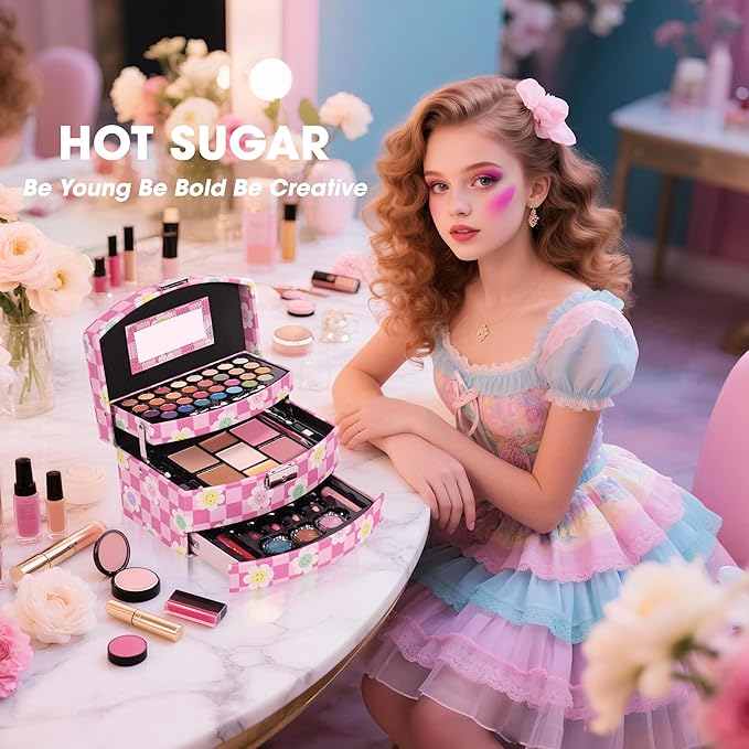 Hot Sugar Girls Makeup Kit for Birthday Gift, Christmas Makeup Set for Teens 10 12 13 16 Includes Real Cosmetics and Makeup Tools (Floral)