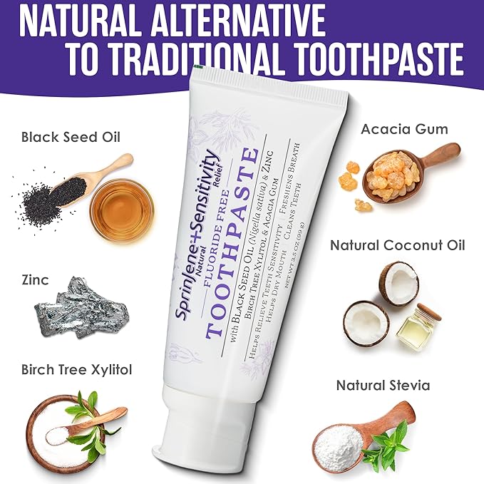 SprinJene Fluoride Free Toothpaste - Patented Natural Toothpaste with Black Seed Oil & Zinc - Made in The USA - Vegan Non Fluoride for Fresh Breath Preservative Free (4 Pack)
