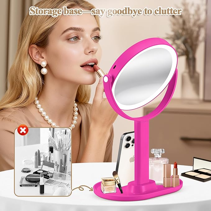 Makeup Mirror with Lights, Double Sided 1x/20x Magnifying Mirror with Light, Rechargeable 3 Color Lights and Adjustable Brightness, 360° Rotation Detachable Comes with Tweezer(Hotpink)