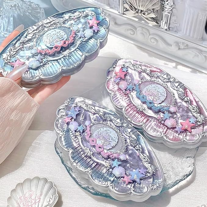 Flower Knows Shell's Jewel 6-Color Makeup Palette,Eyeshadow,Blush,Highlighting & Contour All-in-One Face Makeup Palette with 4 Matte+2 Shimmer Pink & Blue Shades(S02 Mermaids Tears,0.23 Oz)