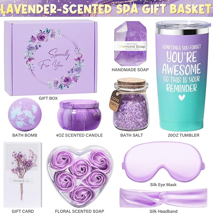 Birthday Gifts for Women Friendship, Lavender Relaxing Spa Gifts Basket for Women Self Care Gifts, Thank You Gifts Bath Set Mothers Day Gifts for Mom Her Sister Wife Friend Grandma Nurse Teacher Aunt