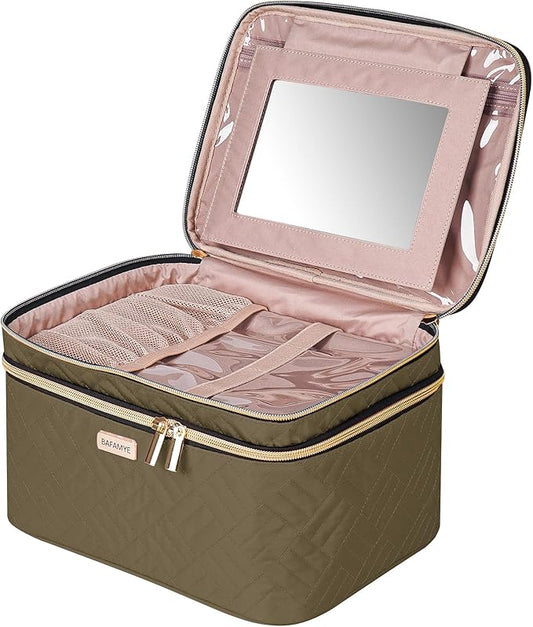 8.8L Double Layer Travel Makeup Bag With Mirror For Women, Large Cosmetic Case, Organizer for Travel-Size Accessories Bottles, Brushes,and Skin Care Products, 2.33 GAL, Brown…