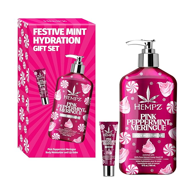 Hempz Festive Mint Hydration Pink Peppermint Meringue Gift Set, Body Loton and Lip Balm Duo, Limited Edition, 17 oz and .44 oz