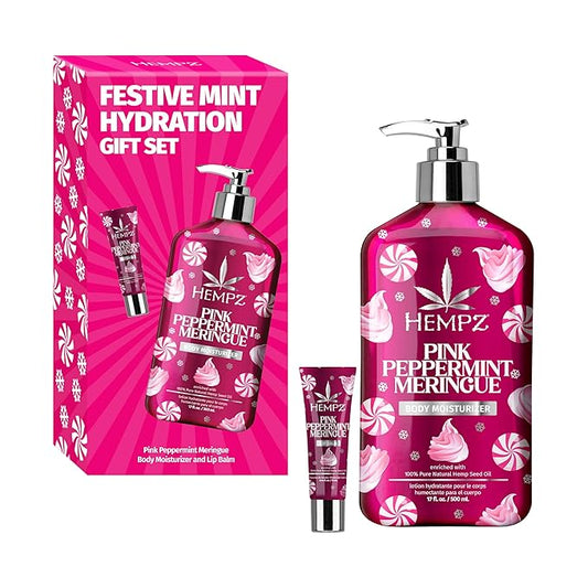 Hempz Festive Mint Hydration Pink Peppermint Meringue Gift Set, Body Loton and Lip Balm Duo, Limited Edition, 17 oz and .44 oz