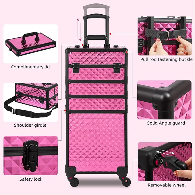 Rolling Makeup Case, Makeup Train Case with Lid, 5 in 1 Cosmetology Case on Wheels, Christmas Gift, Large Makeup Organizers, Profesional Cosmetic Case for Salon Barber, Rose Red