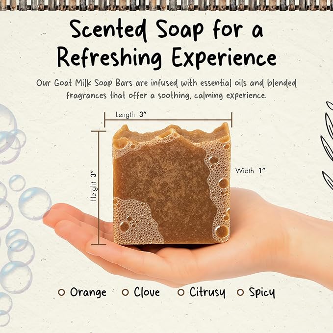 Organic Goat Milk Soap Bar for Face & Body | Handmade with Goat Milk Soap Bar for Sensitive Skin, Essential Oils | Moisturizing Vitamin-Rich Skincare -Orange Clove 3 Pack