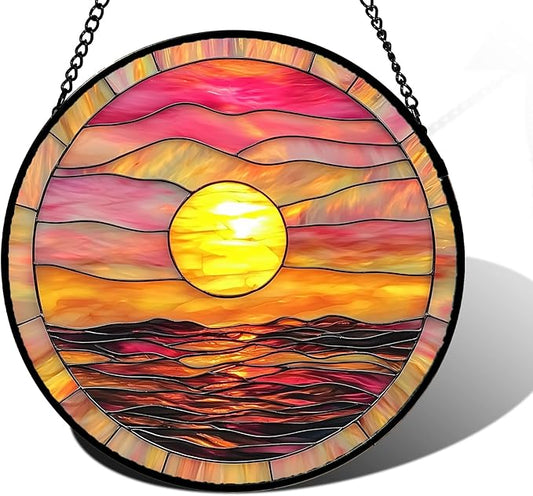 Stained Glass Window Hanging, Sunrise Sea Surface Sun Catchers Diamond Glass Panel Hangings Abstract Suncatcher Decor for Birthday for Women, Men, Wife, Aunt, and Mom 11.8 in