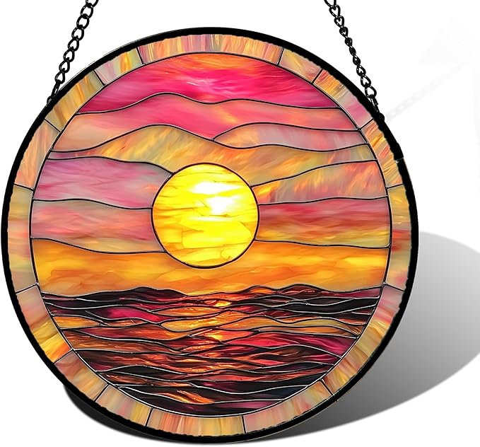 Stained Glass Window Hanging, Sunrise Sea Surface Sun Catchers Diamond Glass Panel Hangings Abstract Suncatcher Decor for Birthday for Women, Men, Wife, Aunt, and Mom 9.8 in