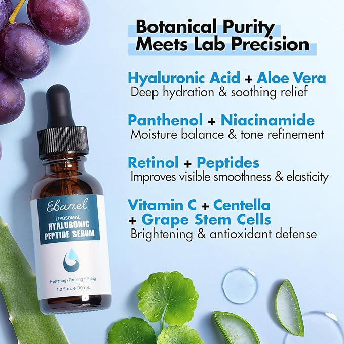 Ebanel Hyaluronic Acid Serum for Face with Peptides & Niacinamide, Hydrating Face Serum for Women, Age-Defying Formula Infused with Vitamins B, C & E to Plump, Firm & Smooth Skin