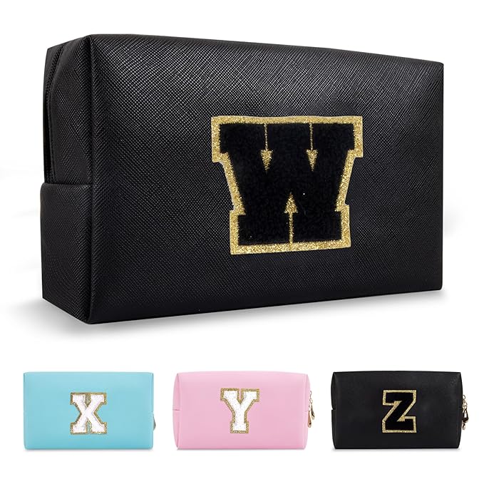 Personalized Initial A-Z Preppy Patch Makeup Bag,Small PU Chenille Letter Cosmetic Bag with Zipper for Teen Girls,Black Cute Toiletry Organizer Bag,Monogram Makeup Case Gift for Women Girls,Letter W
