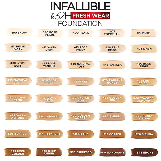 L'Oreal Paris Makeup Infallible Up to 32 Hour Fresh Wear Lightweight Foundation, 487 Warm Almond, 1 Fl Oz, Packaging May Vary