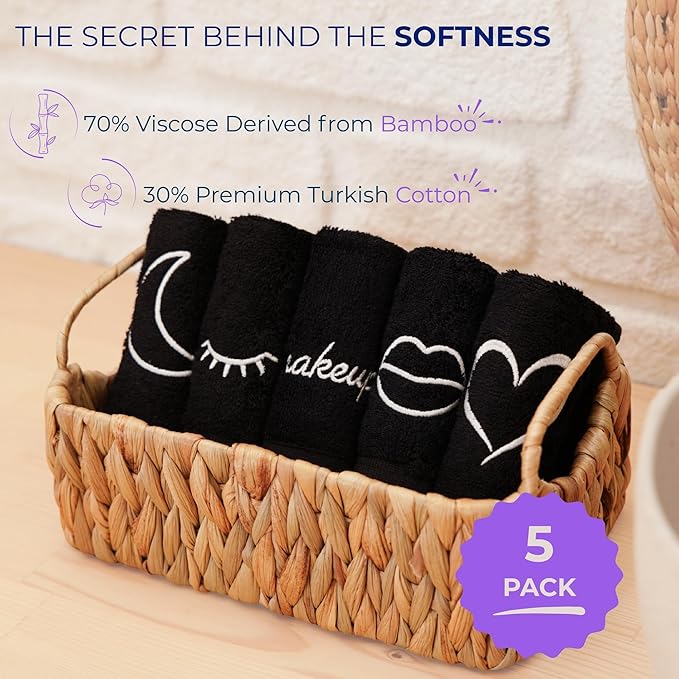 Black Makeup Washcloths for Face, 5-Pack Face Towels Reusable, 11.5 x 11.5, Gift-Ready Box, Viscose from Bamboo & Turkish Cotton