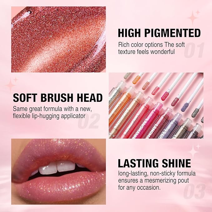 LANGMANNI 4 Colors Diamond Glitter Lip Gloss Set,Long Lasting High Shine Shimmer Liquid Lipstick Set,Hydrating,Moisturizing Lip Gloss Kit Gift Makeup For Girls(#04+06+09+10)