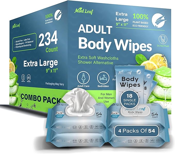 XL Adult Body Wipes – Hypoallergenic No Rinse Bath Wipes with Aloe & Vitamin E, Extra Thick Rinse-Free Shower Alternative for Incontinence, Elderly Care, Camping & Travel 4 Packs + 18 Singles