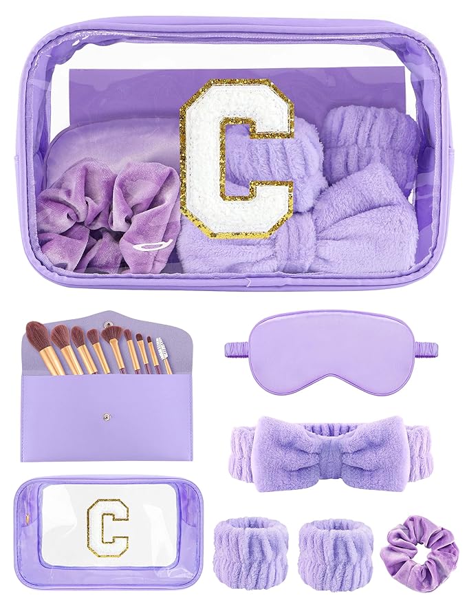 Gift Sets for Women, Initial Makeup Bag with Makeup Brush Set Bachelorette Party Favors, Purple Spa Kit with Skincare Headbands Wrist Bands Sleepover Party Supplies Gifts for Teen Girls Bridesmaid C