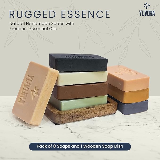 8 Pcs Men Natural Handmade Body Soaps 5 OZ Pack Set Rugged Essence Long lasting Fragrance Luxurious Scents with Natural Ingredients – Sulfate & Paraben Free, Vegan Soaps