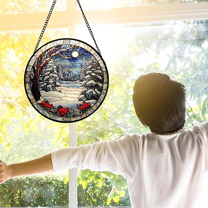 Stained Glass Window Hanging Christmas Tree Winter Snow Night Scenery 6.3" - Suncatcher Door Garden Kitchen Sun Catcher Home Decor Birthday for Mom Men Woman Friend