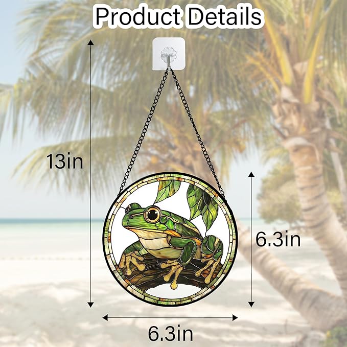 Stained Glass Window Hanging, Frog Green Leaf Sun Catchers Colorful Glass Panel Cool Suncatcher Decor for Birthday for Women, Men, Wife, Aunt, and Mom 6.3 in