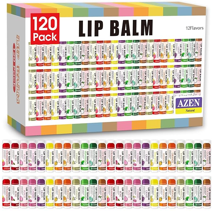 AZEN 120 Pack Lip Balm, Natural Lip Balm Bulk, Lip Care Product, Moisturizing Lip Balms for dry cracked lips - 12 Flavors